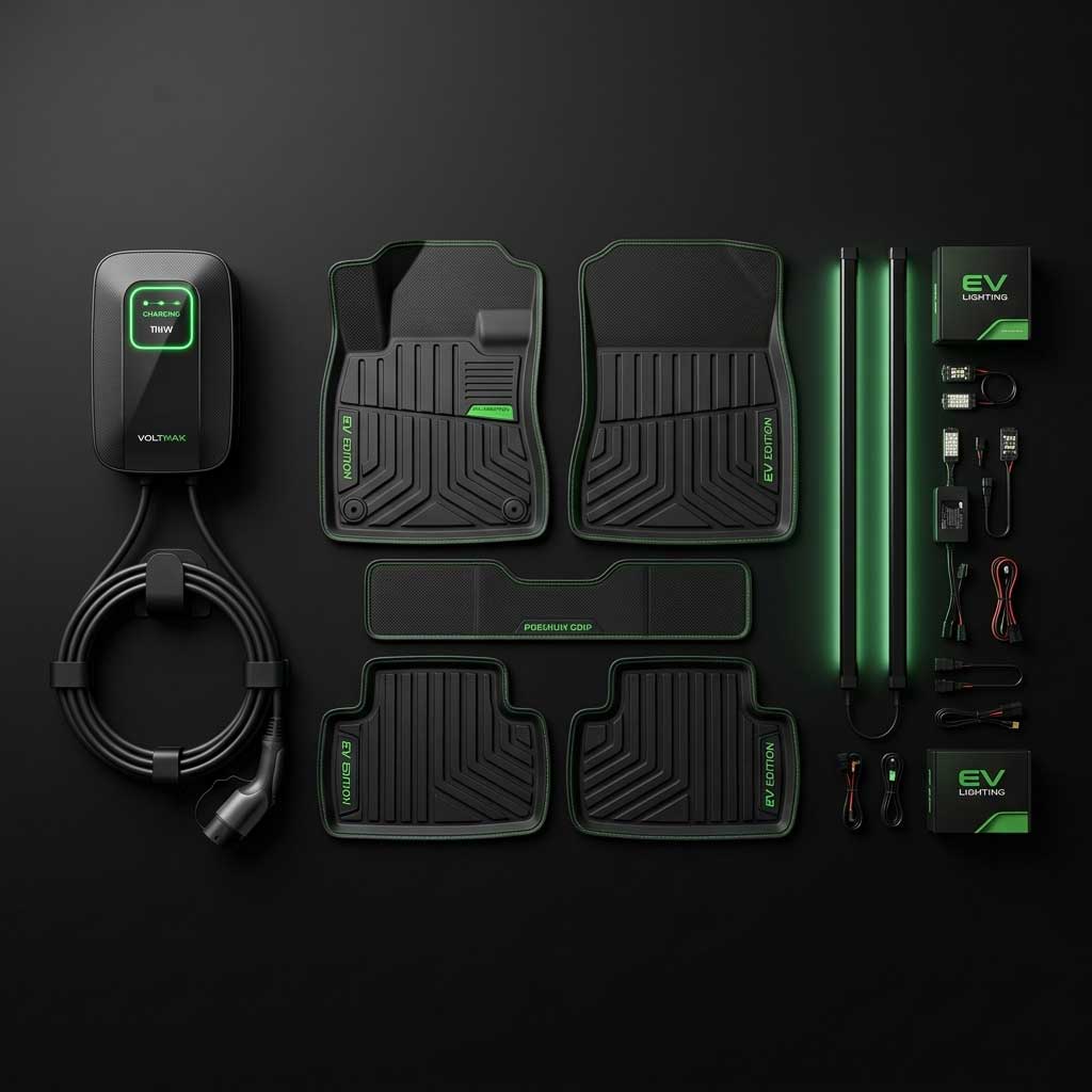 Accesorios premium para vehículos eléctricos, tapetes de hule negro con acentos verdes, estación de carga y luces LED