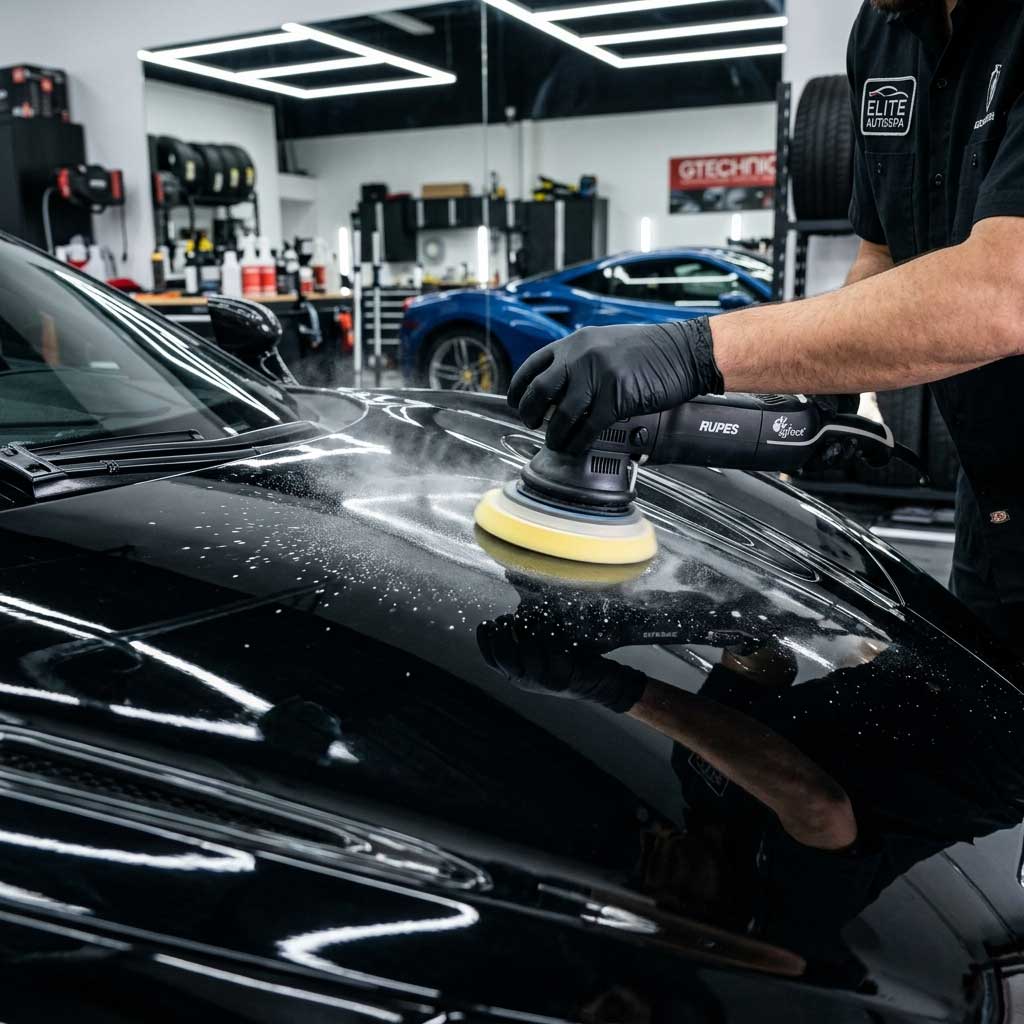 Primer plano de mano detallando carrocería de un auto negro brillante con pulidora rotativa